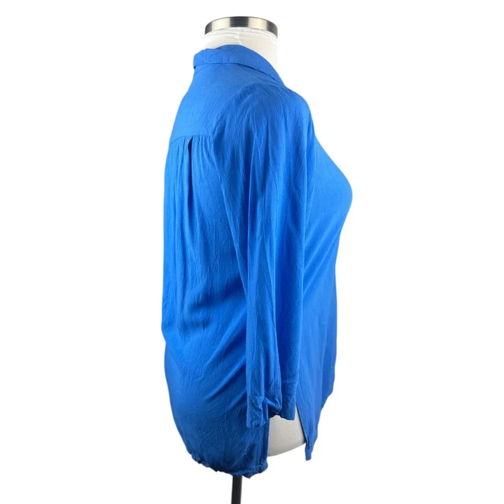Jams World Solid Dutch Blue Button Blouse Crinkle Shirt Sz Small 3/4 Sleeve Top - Picture 9 of 16